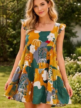 First Love by Lovelyn Colorful Abstract Floral Tiered Mini Dress